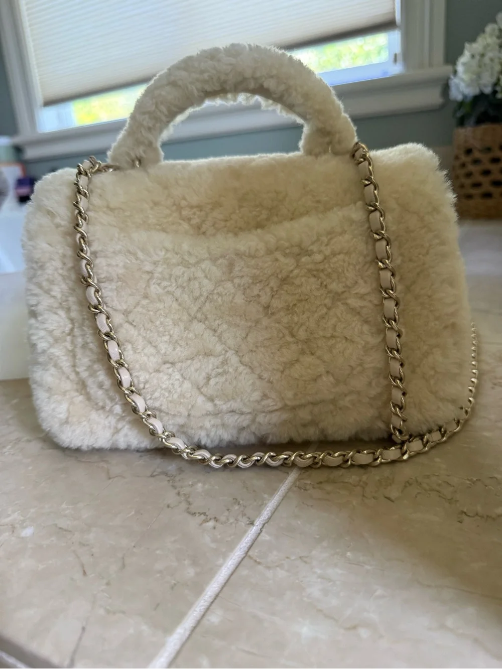 CHANEL Cream Shearling Mini Flap Top-Handle Bag